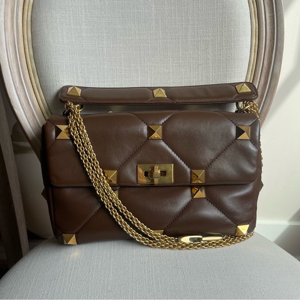 VALENTINO Brown leather Roman stud shoulder bag